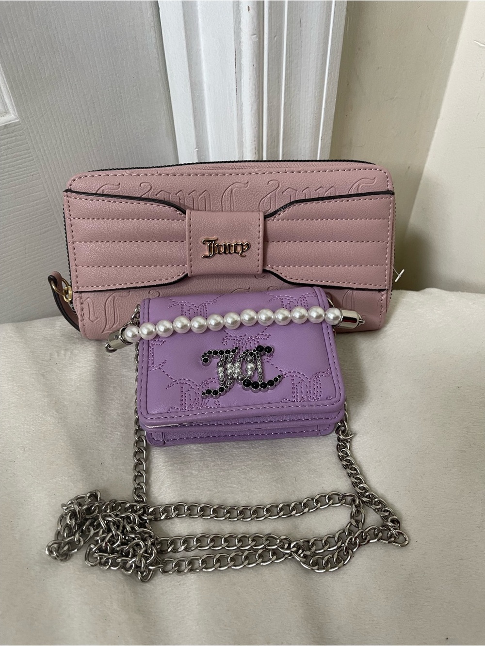 Juicy Couture Pink Bow Wallet and Lavender Chain Mini Bag Set